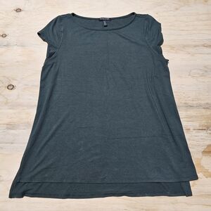 Eileen Fisher Dark Green Gray Long T Shirt Sz Petite Large Cap Sleeve Blouse Top